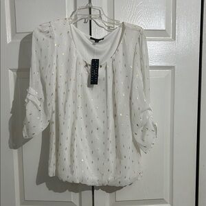 Sara Michelle White Blouse with Gold Pattern